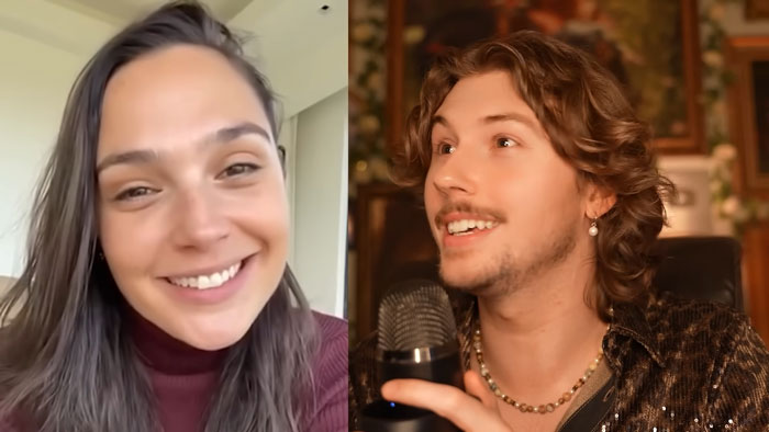 Gal Gadot smiling on video call and a man speaking into a microphone in a cozy room setting. Gal Gadot smiling on video call and a man speaking into a microphone in a cozy room setting.