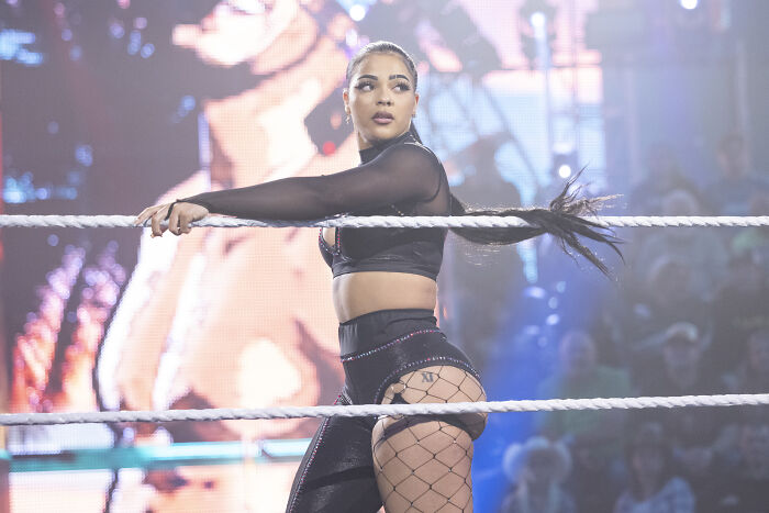 Female wrestler in fishnet stockings and black outfit inside a ring, highlighting celebrity wardrobe malfunction moments on stage.