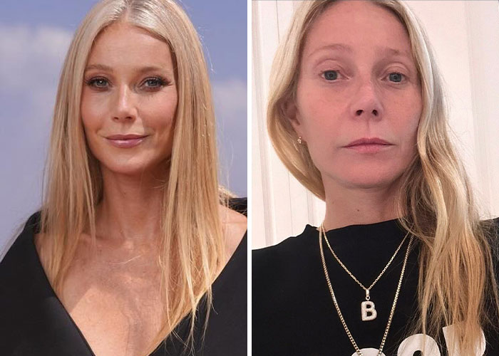 Actress Gwyneth Paltrow shown in a professional photo and a natural, makeup-free selfie without professional lighting.