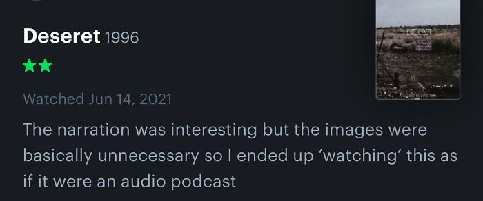 Screenshot of a humorous product review describing a documentary watched like an audio podcast, highlighting witty service reviews.