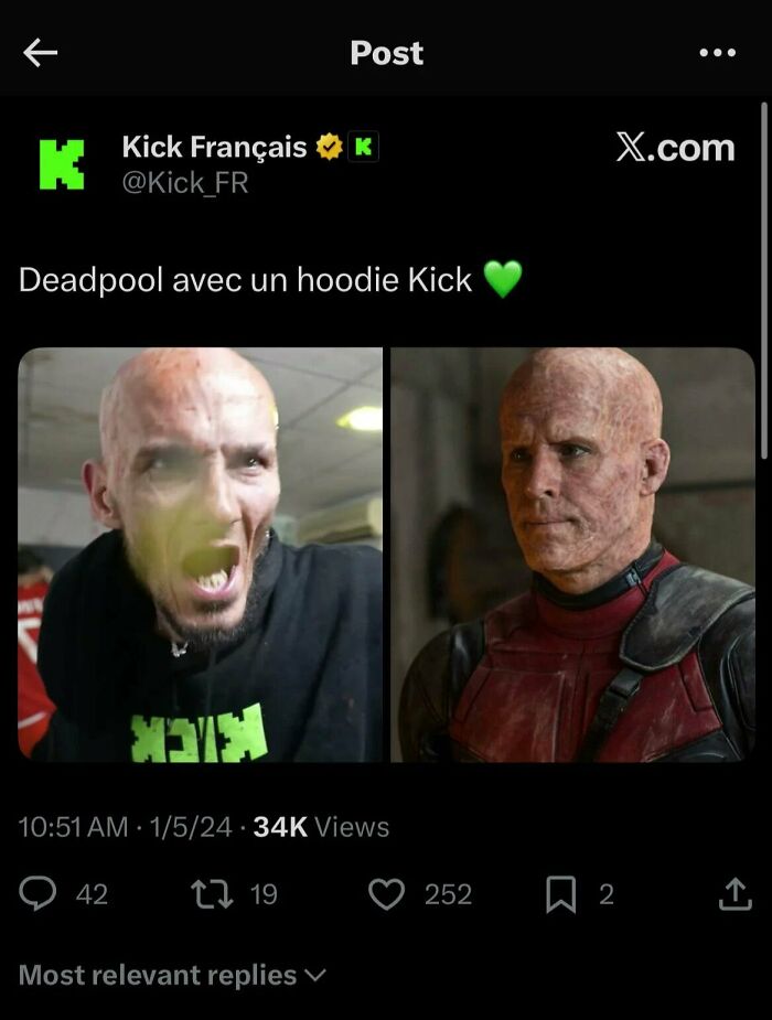 Screenshot of a social media post comparing famous streamer in a hoodie to Deadpool character with skin damage. Screenshot of a social media post comparing famous streamer in a hoodie to Deadpool character with skin damage.