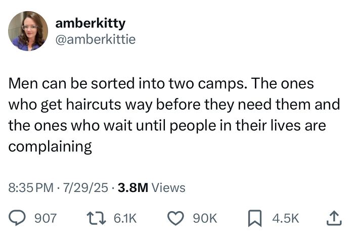 Tweet by amberkitty humorously categorizing men by haircut habits, featured in hilarious tweets from July collection.