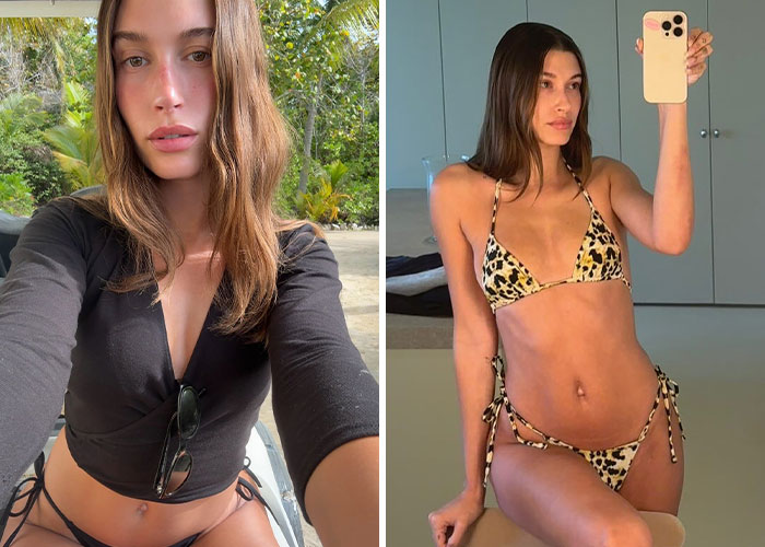 Woman showing off celebrity beach bodies from 2025, wearing a black crop top and leopard print bikini in two side-by-side photos
