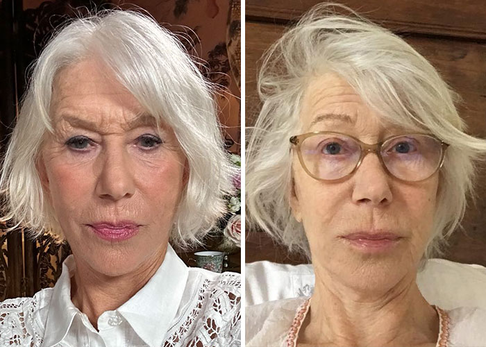 Older woman with white hair shown with and without makeup, highlighting natural beauty of stars without professional lighting.