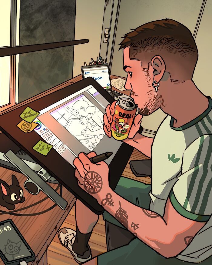 Digital artist Gabriel Picolo drawing Teen Titans characters on a tablet, showcasing relatable young heroes through visual storytelling.