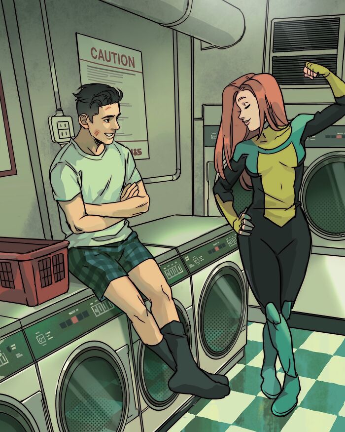 Teen Titans characters in a laundry room scene, showcasing Gabriel Picolo’s relatable young heroes through visual storytelling.