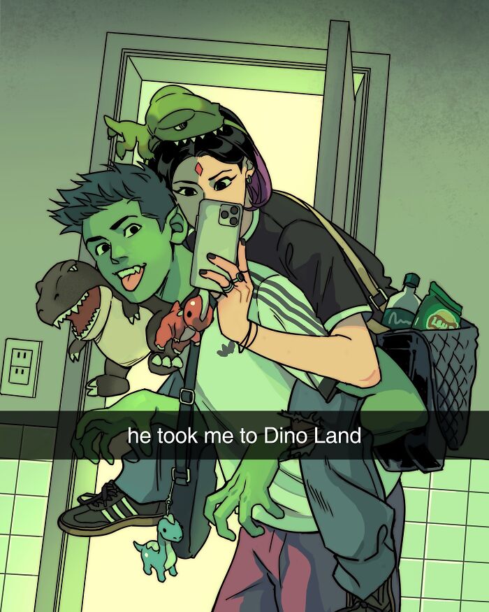 Teen Titans characters in casual clothes taking a playful selfie, showcasing Gabriel Picolo's visual storytelling style.