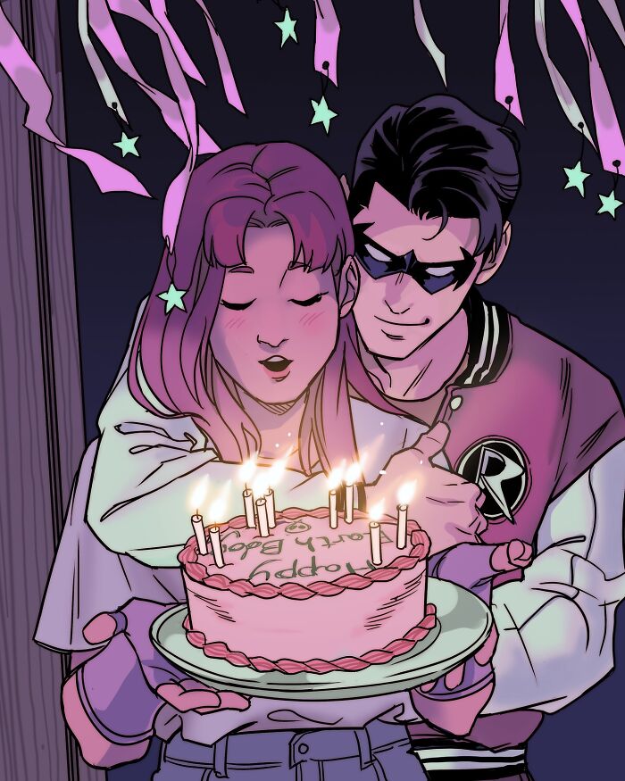 Teen Titans young heroes celebrating with a birthday cake, showcasing Gabriel Picolo’s relatable visual storytelling style.