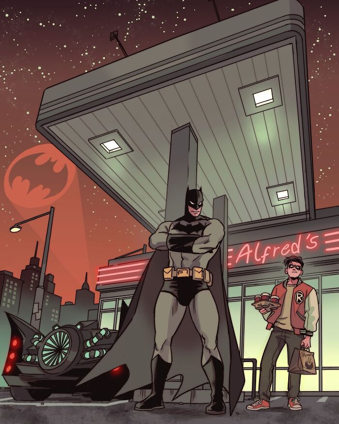 Batman and Robin stand at a gas station at night, showcasing Gabriel Picolo’s Teen Titans visual storytelling style.