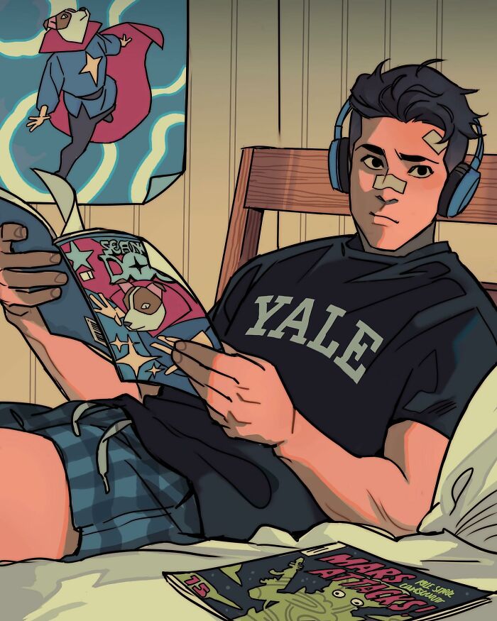 Teen Titans character reading comics in a room, showcasing Gabriel Picolo’s stunning visual storytelling of relatable young heroes.