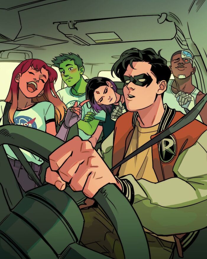 Teen Titans characters drawn by Gabriel Picolo, shown as relatable young heroes in a vibrant car scene.
