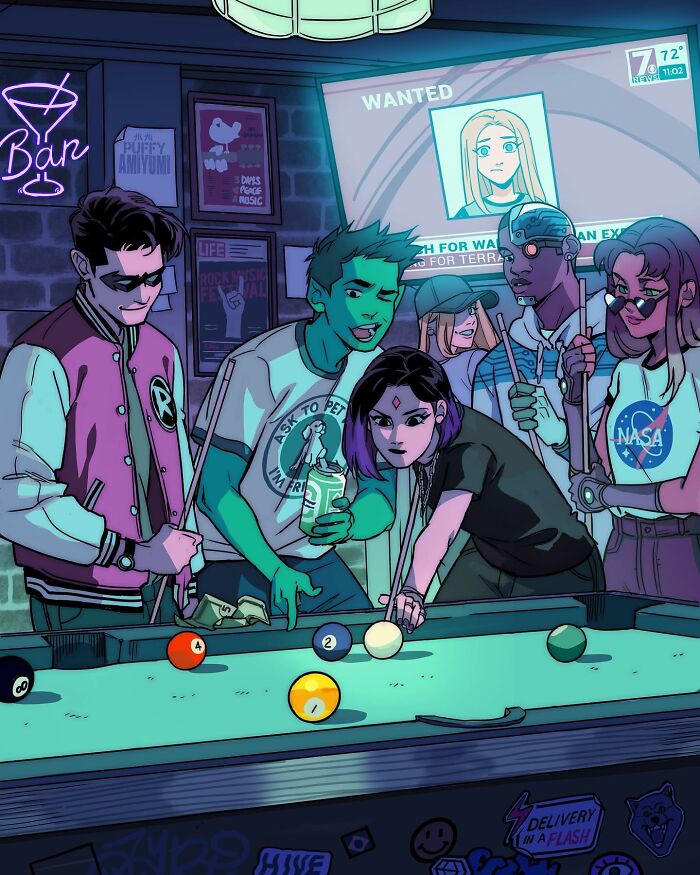 Teen Titans characters playing pool in a bar, showcasing Gabriel Picolo’s relatable young heroes through visual storytelling.