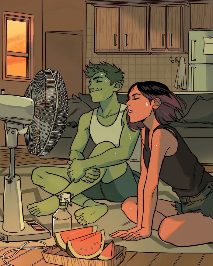 Beast Boy and Raven from Teen Titans sitting in front of a fan, showcasing Gabriel Picolo's relatable visual storytelling.