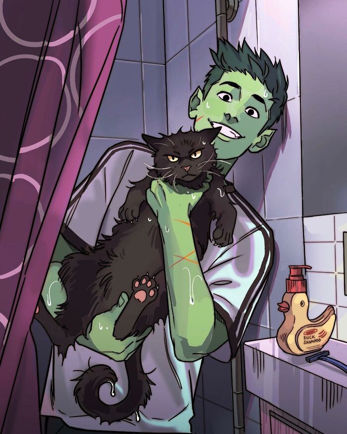 Teen Titans character holding a wet black cat in a bathroom, showcasing Gabriel Picolo's relatable visual storytelling style.