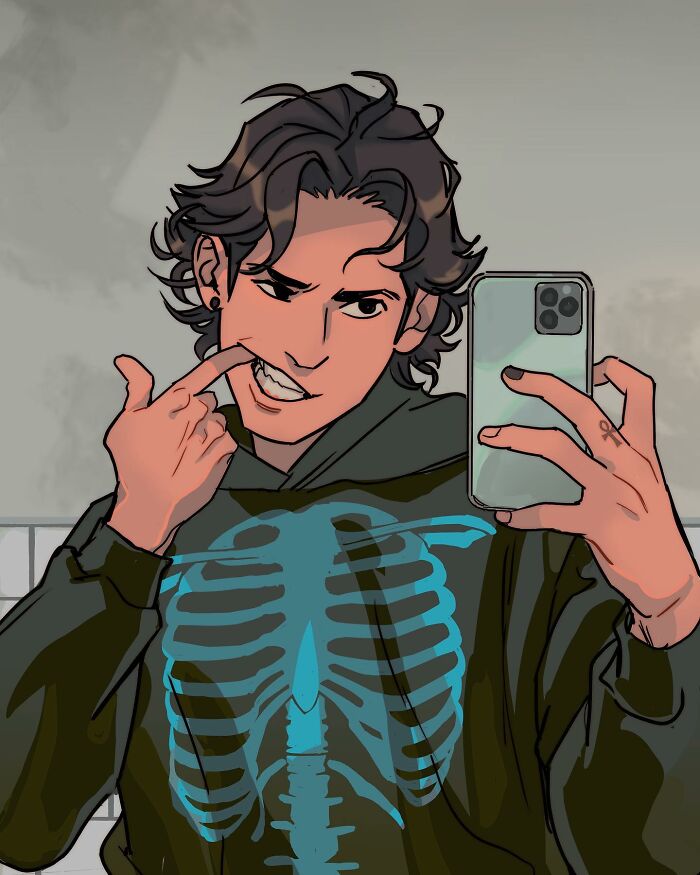 Young hero taking a selfie wearing a hoodie with a glowing skeleton design, showcasing Gabriel Picolo's Teen Titans visual storytelling.