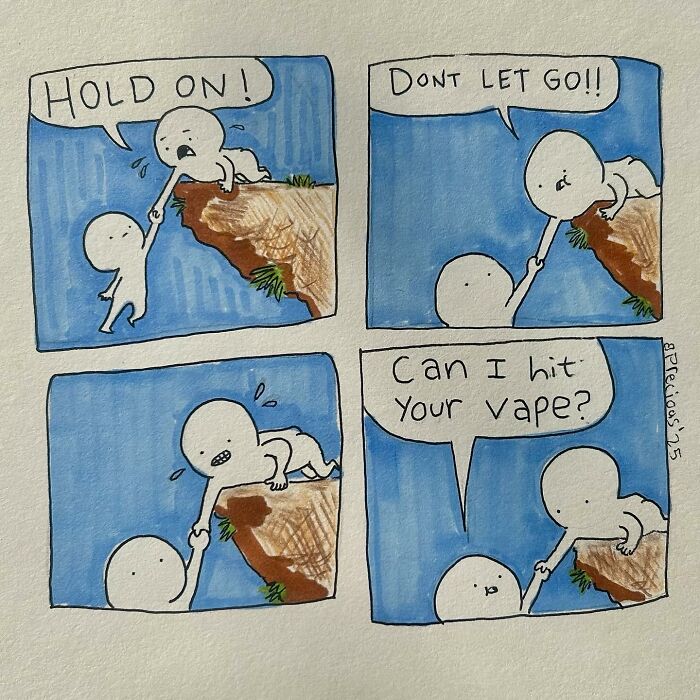 Two stick figure characters in a Precious Barmore comic exchange silly jokes while one hangs off a cliff edge.