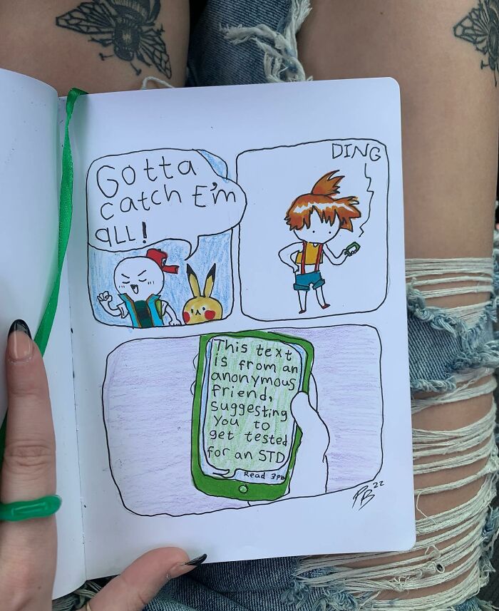 Hand-drawn Precious Barmore comic showing a humorous STD testing text in a cartoon style on paper.