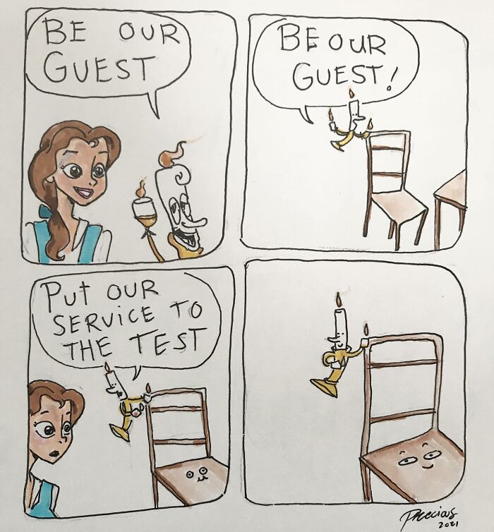 Precious Barmore comic strip showing a talking candlestick and chair with silly jokes and dark humor.