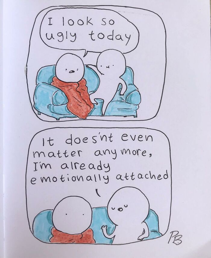 Precious Barmore comic characters on a blue couch sharing silly and dark humor about emotional attachment.