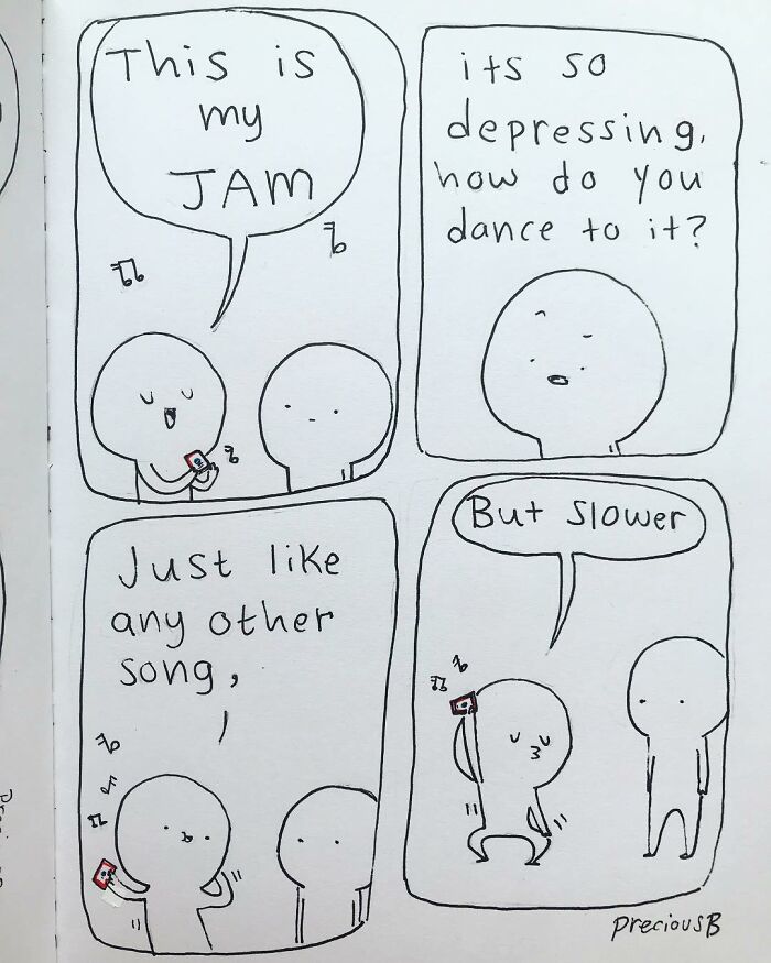 Black and white Precious Barmore comic strip showing two characters sharing silly and dark humor about a depressing song.