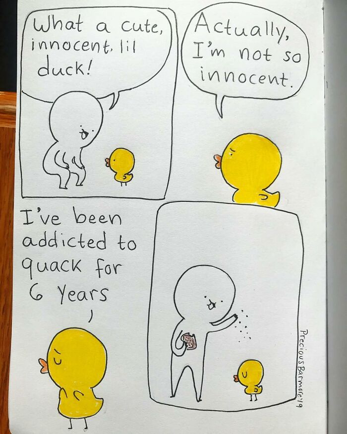 Comic panel from Precious Barmore showing a duck with dark humor about being a******d to quack for 6 years.