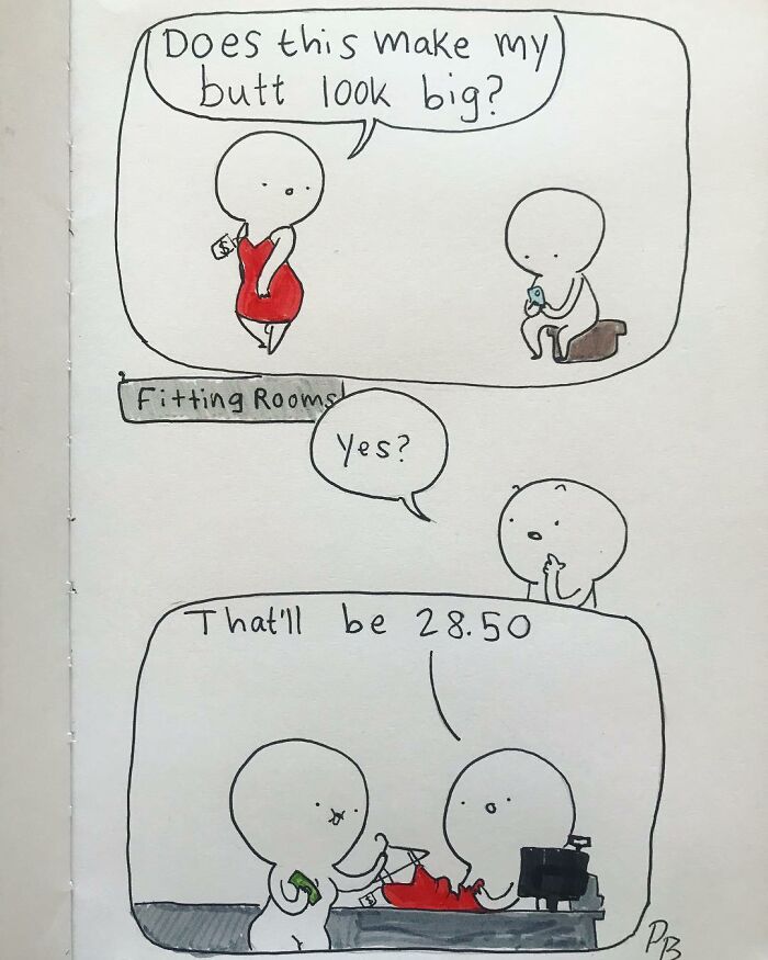 Comic panel from Precious Barmore showing a fitting room joke blending silly and dark humor with simple character drawings.