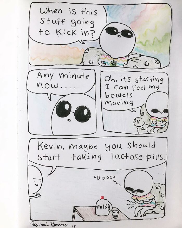 Comic panel from Precious Barmore featuring silly jokes and dark humor with a character experiencing digestive discomfort.