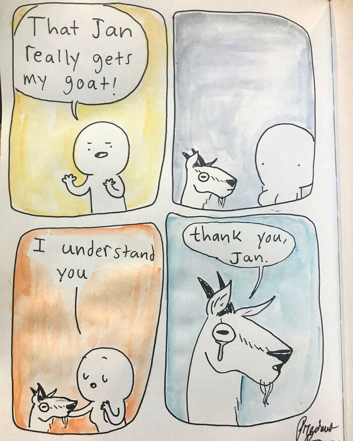Hand-drawn Precious Barmore comic with silly jokes and dark humor featuring a talking goat and a simple character.