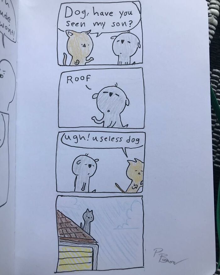 Precious Barmore comic strip showing a cat and dog in a silly joke with a twist and subtle dark humor.