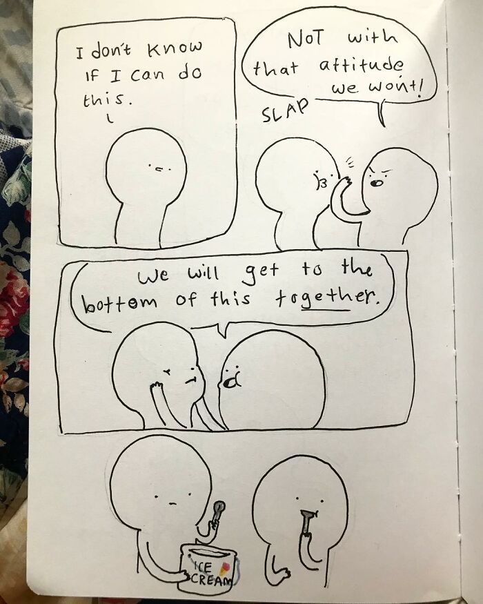 Precious Barmore comic with simple characters sharing dark humor and silly jokes about support and attitude.