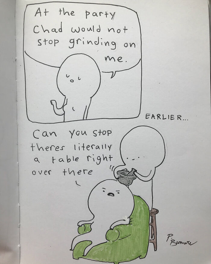 Hand-drawn Precious Barmore comic featuring silly jokes with simple characters in a minimalistic style.