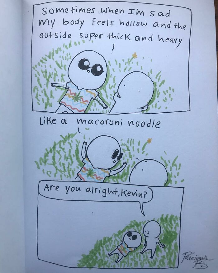 Comic panel from Precious Barmore showing characters discussing feelings with a mix of silly and dark humor.