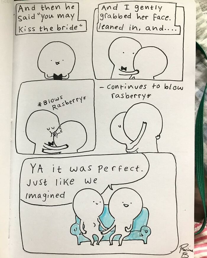 Hand-drawn Precious Barmore comic strip showing two characters sharing a quirky kiss with silly jokes and light humor.