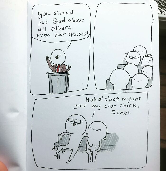 Comic from Precious Barmore showing simple characters with silly and dark humor jokes in a minimalistic style.