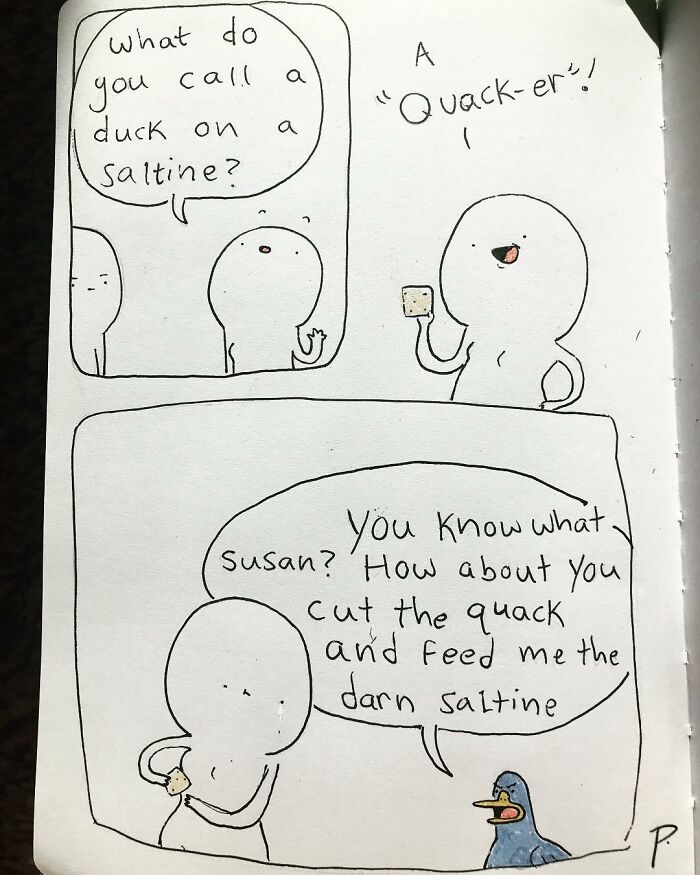Comic panel from Precious Barmore featuring silly jokes and dark humor about a duck and a saltine cracker.