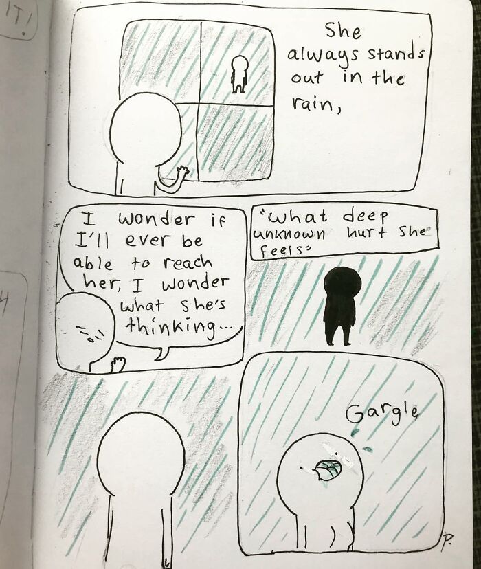 Precious Barmore comic showing simple characters in rain, expressing deep emotions with a mix of silly and dark humor.