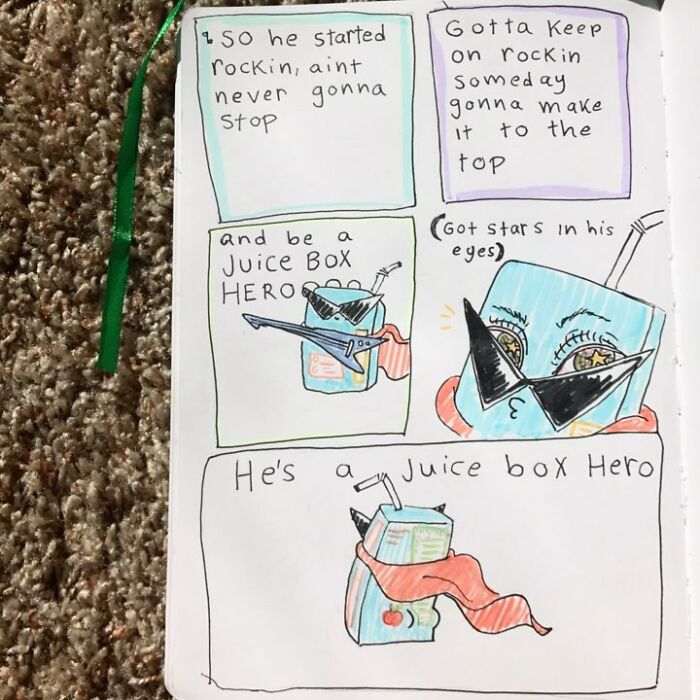 Comic page from Precious Barmore featuring a Juice Box Hero with sunglasses, a guitar, and playful, quirky humor.