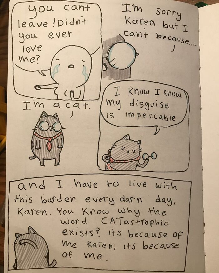 Hand-drawn Precious Barmore comic featuring a cat with glasses and silly, sometimes dark humor dialogue.