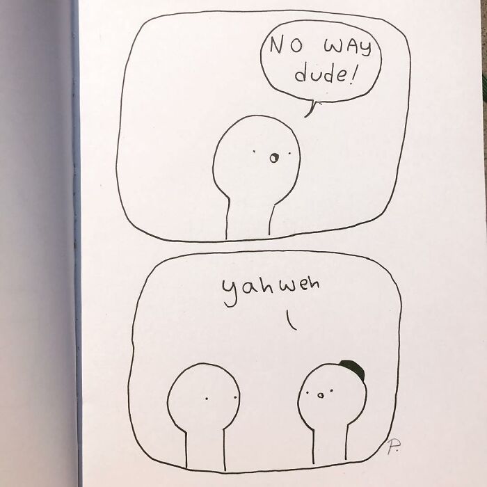 Minimalist Precious Barmore comic with two simple characters exchanging silly and dark humor dialogue in black ink.