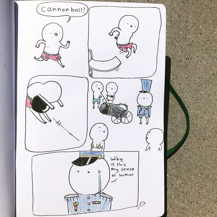 Precious Barmore comic strip with simple characters, silly jokes, and dark humor featuring a cannonball and a puzzled officer.