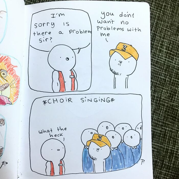 Hand-drawn Precious Barmore comics featuring characters with silly jokes and subtle dark humor in a simple sketch style.