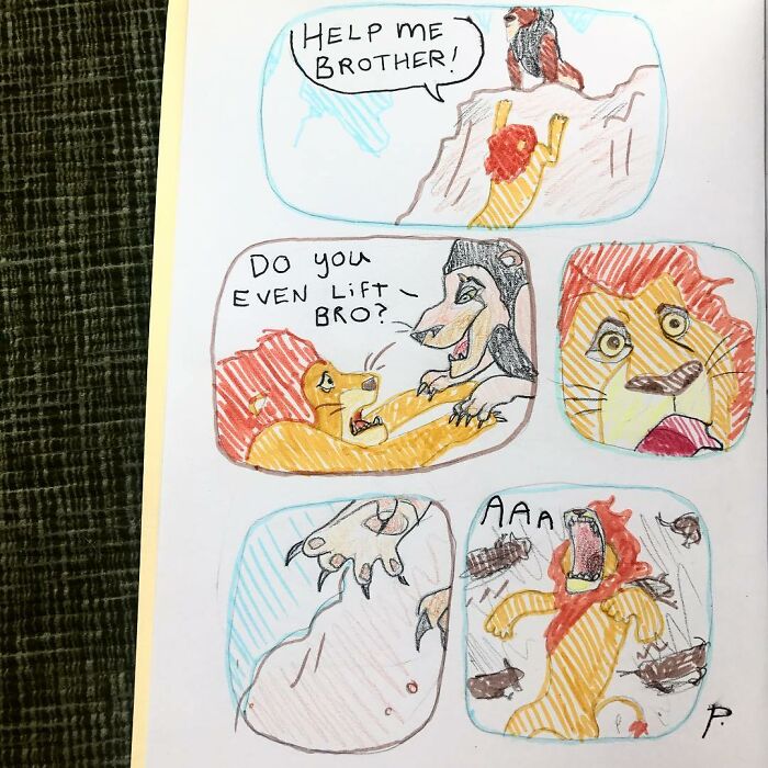 Comic strip from Precious Barmore comics showing a lion asking for help and a dark humor twist with a bear attack.