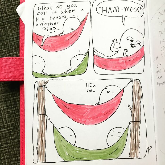 Hand-drawn Precious Barmore comic panels with silly jokes featuring characters teasing each other in colorful hammocks.
