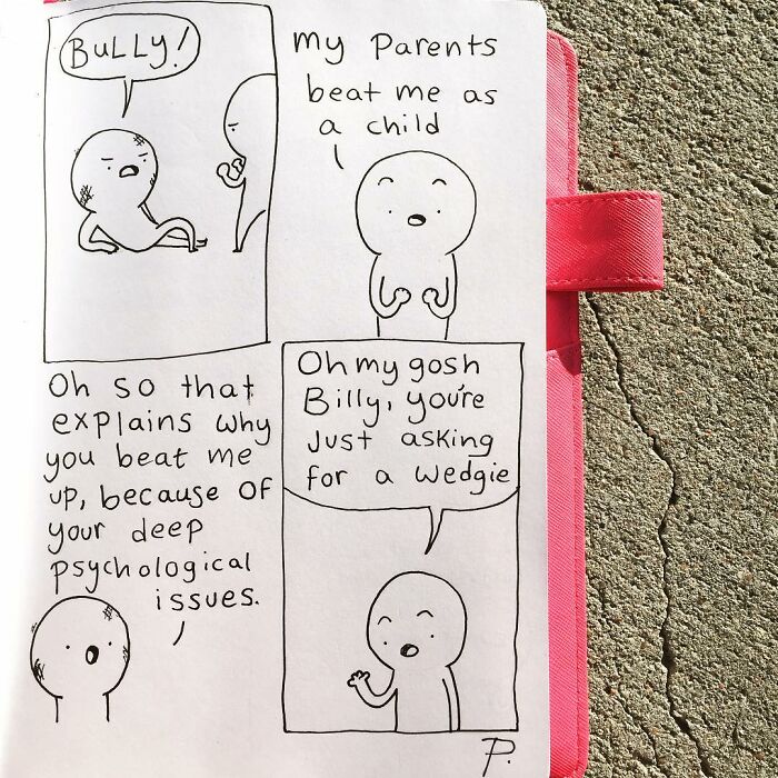 Comic from Precious Barmore showing characters with silly jokes and dark humor about childhood bullying and wedgies.