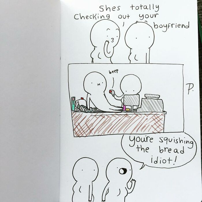 Simple line art comic from Precious Barmore featuring silly humor and a quirky dialogue about squishing bread.