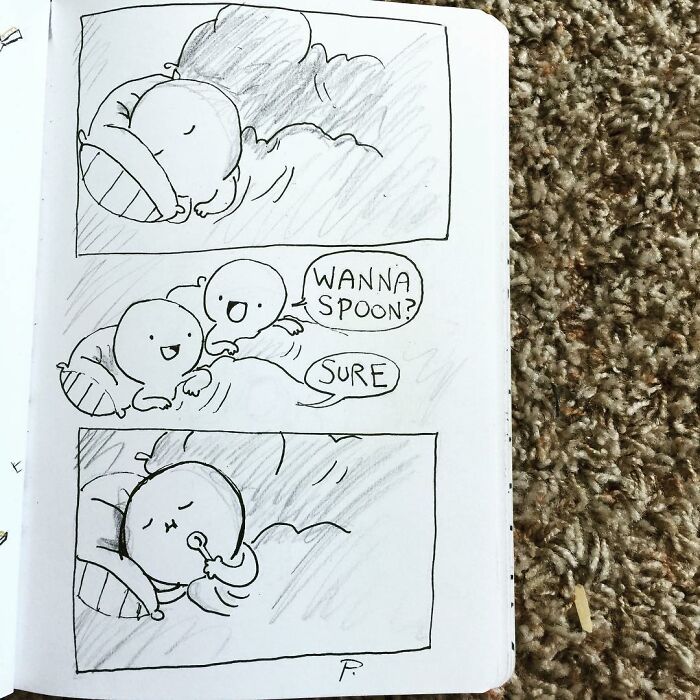 Hand-drawn Precious Barmore comic strip with simple characters sharing a funny and lighthearted moment in bed.
