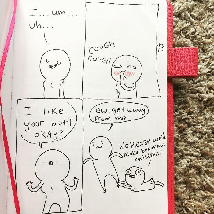 Hand-drawn Precious Barmore comic with simple characters sharing silly jokes and playful dialogue about liking a b**t.