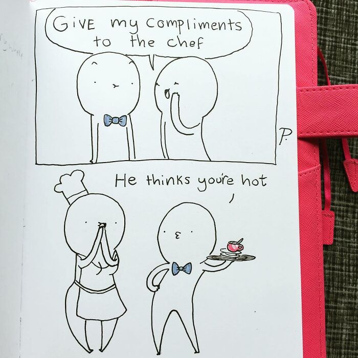 Hand-drawn Precious Barmore comic with silly joke about a chef and a compliment in a simple style.
