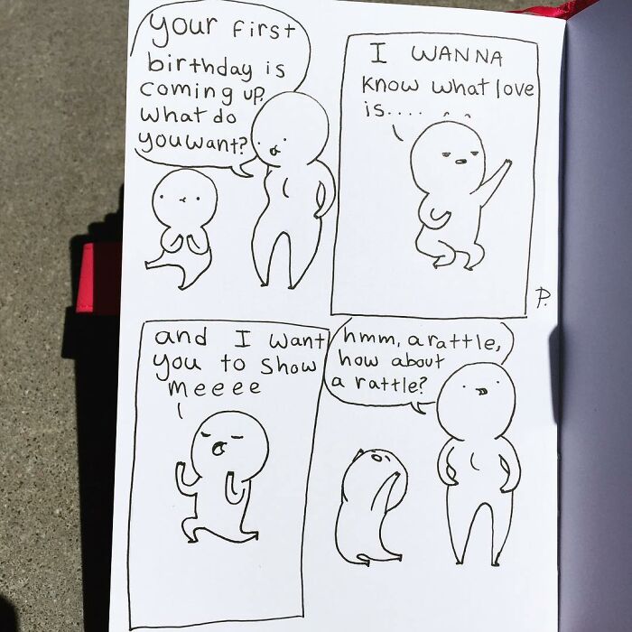 Precious Barmore comic panels with simple characters sharing silly jokes and sometimes dark humor in hand-drawn style.