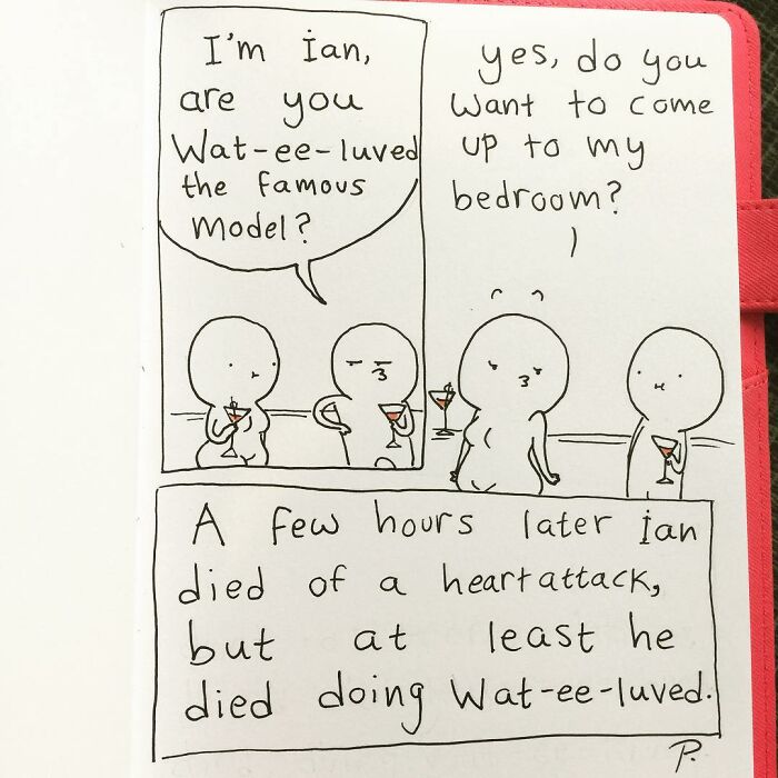 Hand-drawn Precious Barmore comic with silly jokes and dark humor featuring simple characters in a social setting.